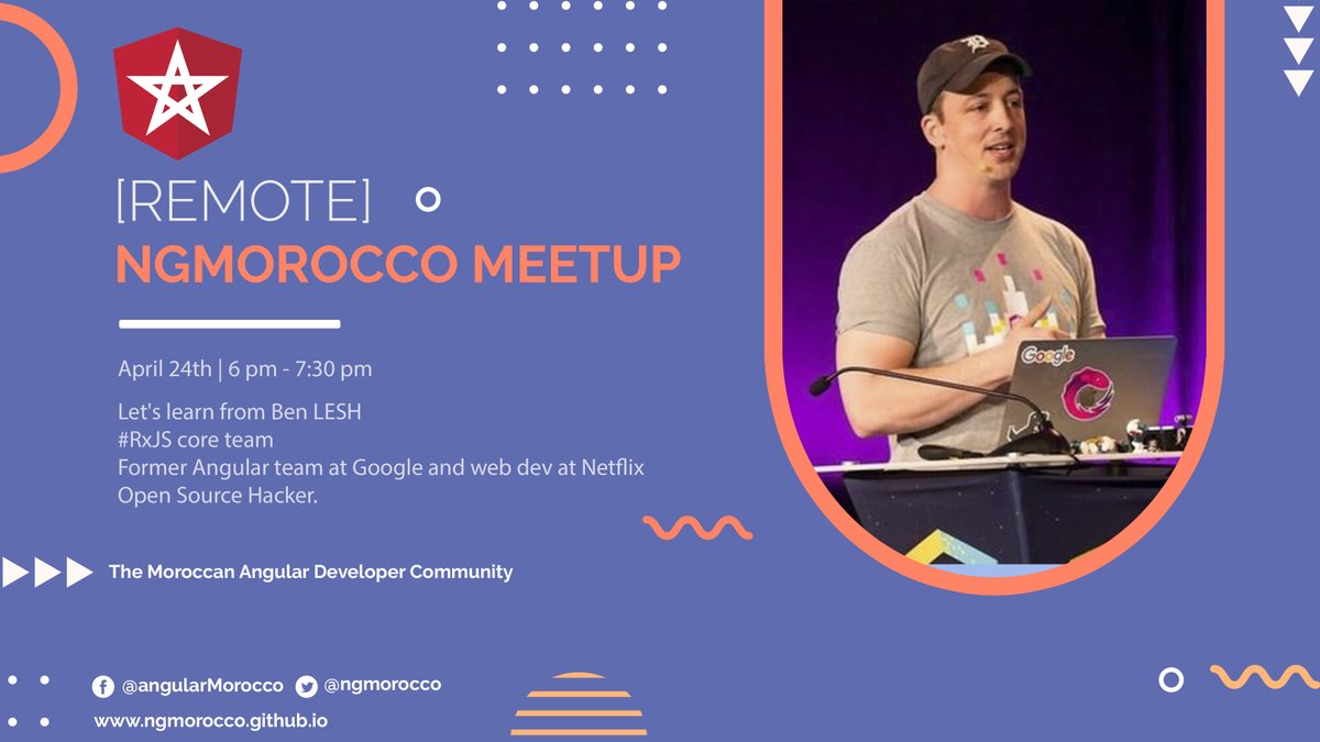 ngMorocco's tweet image. 🎉BREAKING NEWS 🎉

📢We are proud to announce that our special guest for the next #ngMorocco meetup will be @BenLesh, #RxJS core team, former Angular team at Google and web dev at Netflix.

🗓 Save the date: April 24th | 6pm GMT+1.