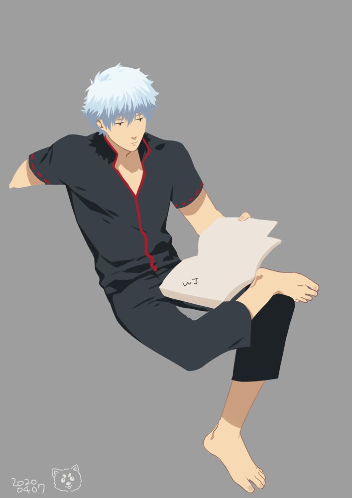 sakata gintoki 1boy male focus barefoot grey background black shirt shirt short sleeves  illustration images