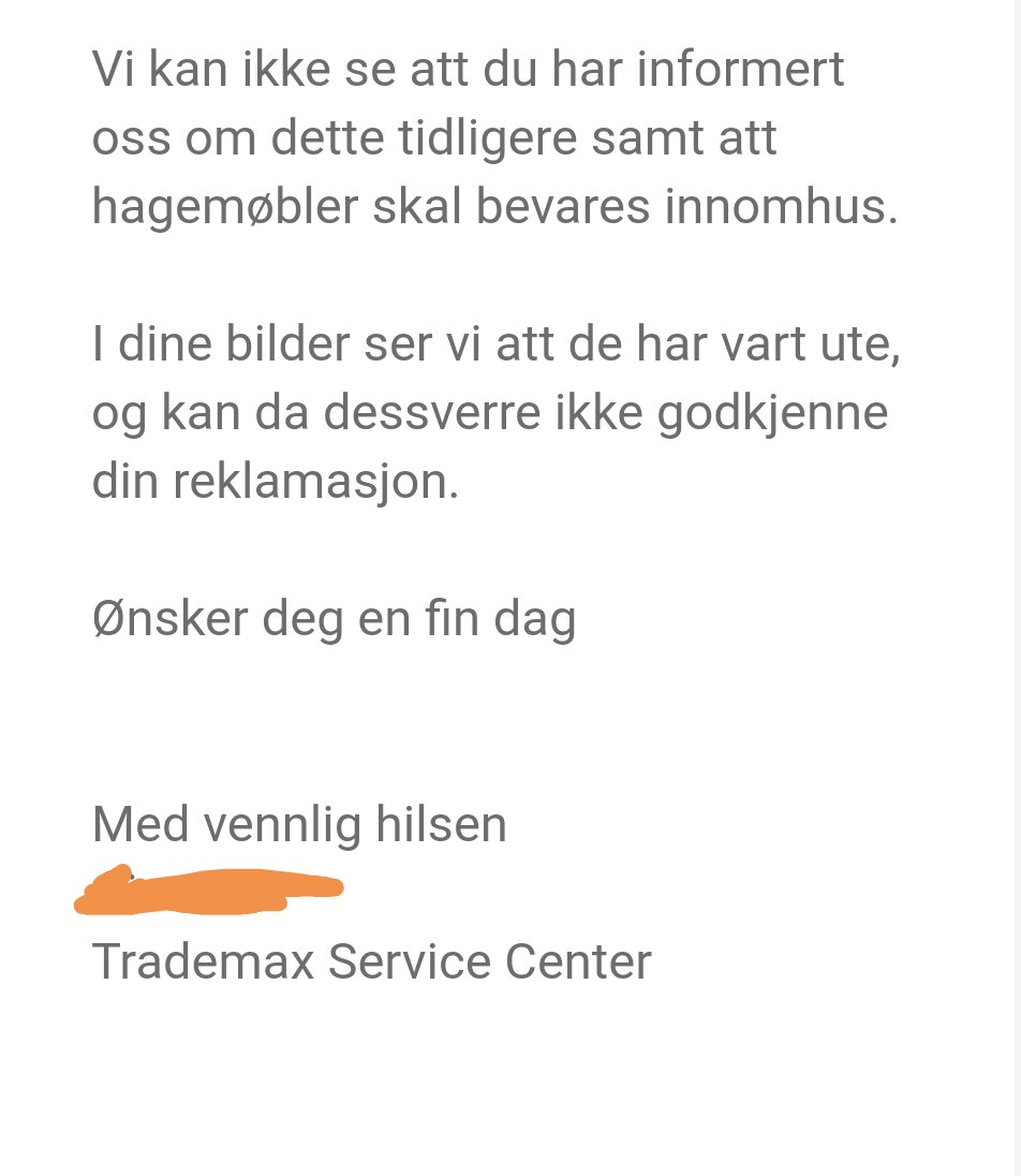 hmhelland's tweet image. Husk at hagemøbler fra #Trademax ikke må brukes utomhus! Reklamerte på tre år gammel utesofa/lounge som går helt i oppløsning..  😂
@Trademax_NO @forbrukertilsyn