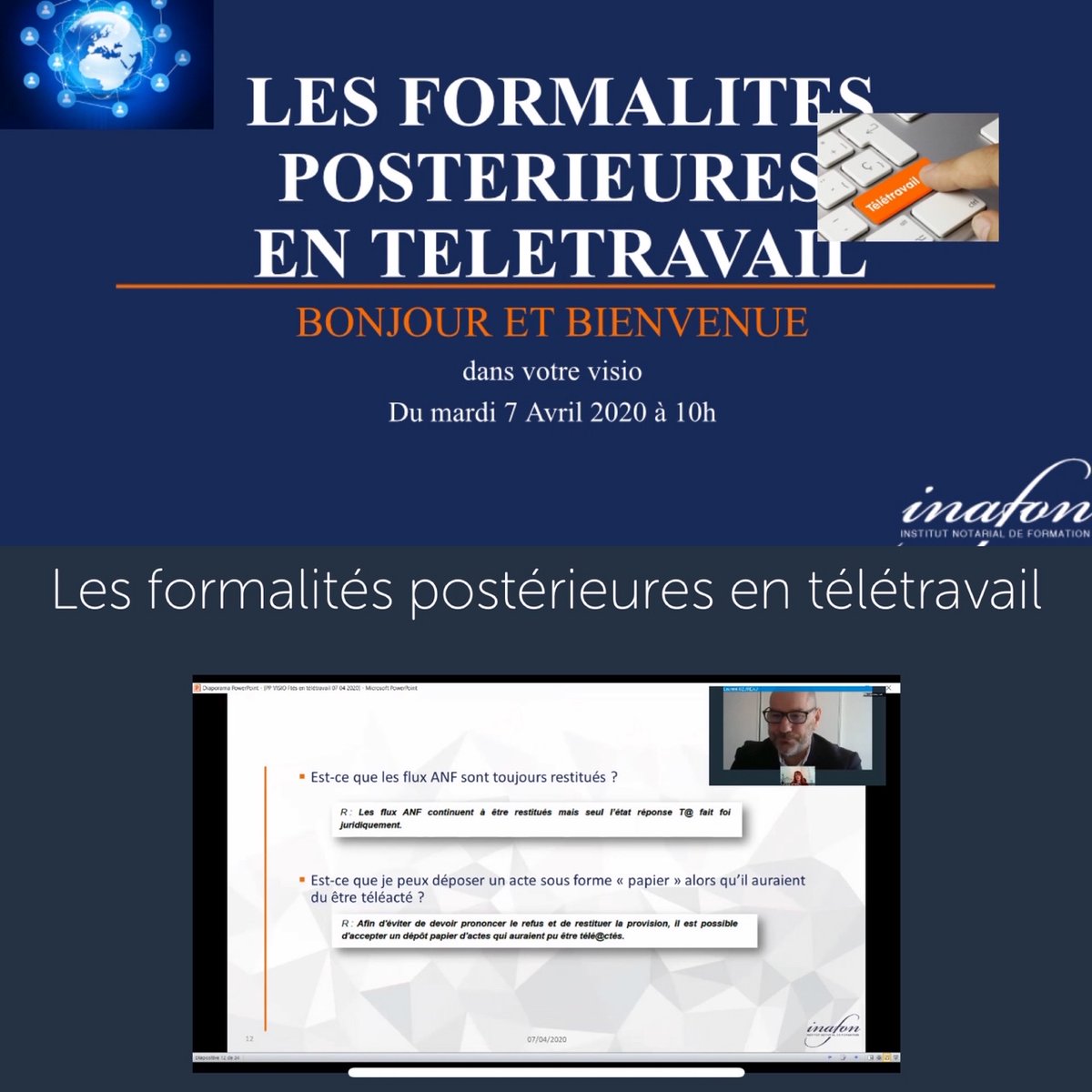 JAzincourt's tweet photo. En ce moment en direct pour @Inafon, les regards croisés de Mme Marie-Cécile MATHON et Monsieur Laurent UZUREAU  (chef de contrôle du SPFE de Nantes 2) en webinaire sur Les formalités postérieures en télétravail. Le Replay de cette vidéo bientôt disponible https://t.co/f5gU19XayV https://t.co/EMLAQqYLSx
