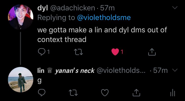 dyl ( @adachicken) and lin ( @violetholdsme) dms out of contexta thread;