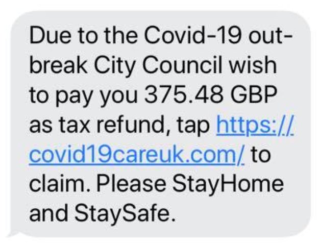 canterburycc's tweet image. Scams like this are doing the rounds at the moment as criminals look to exploit fears around #coronavirus.

Please remember that we will never send a text asking you to apply for a refund on overpaid council tax. If you have paid too much council tax, it will show on your bill.