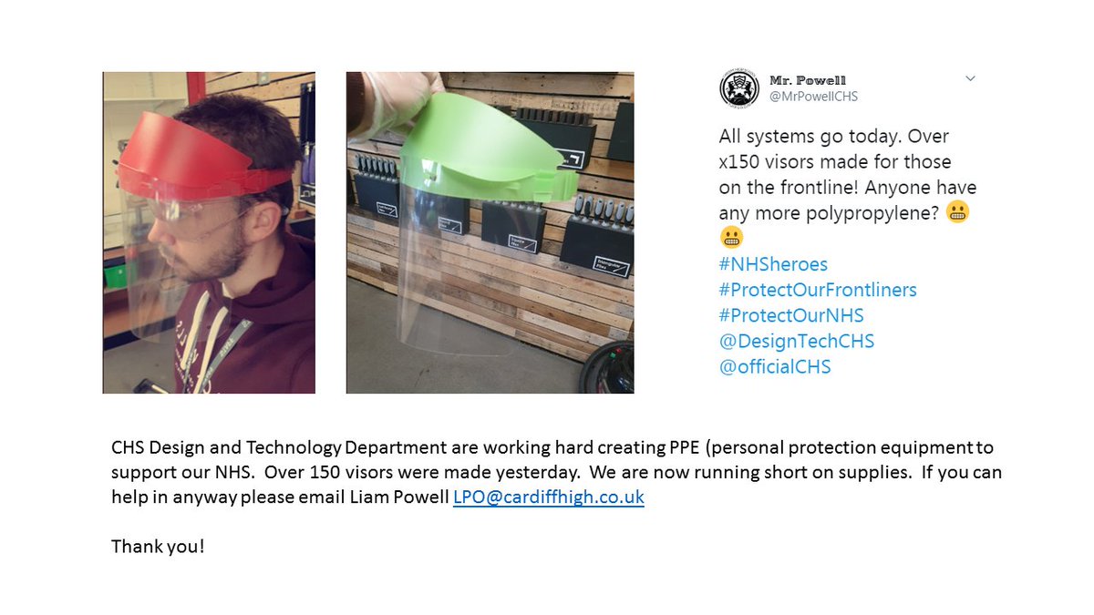 Please if you can offer any help for CHS Design and Tech Department who are creating PPE for the NHS get in touch with us!