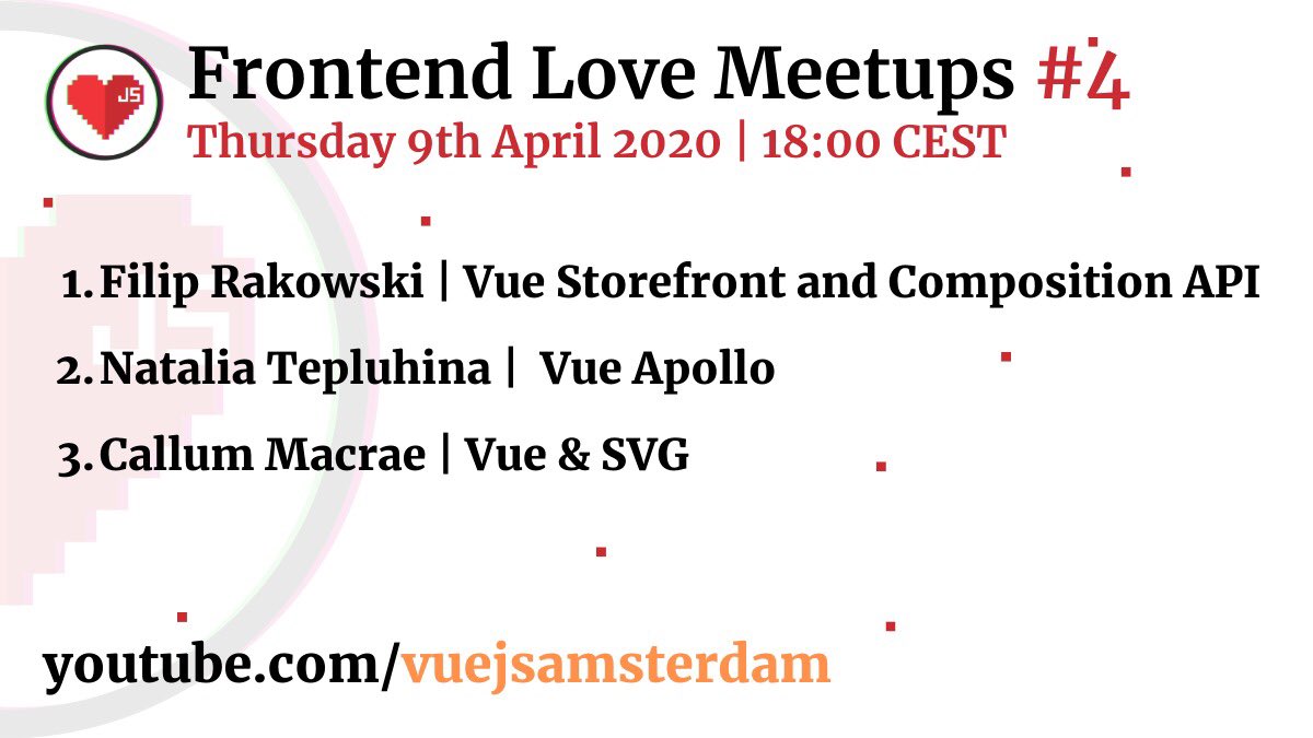 frontendmeetups's tweet photo. 🎉 @Frontend_Love Virtual Meetup #4
📲Sign up: https://t.co/blUaArkkm2
📆 Thursday 9th April at 18:00 CEST
Great #Vue speakers ligned up with topics on #compositionAPI #VueApollo #SVG see you Thursday?
#vuestorefront #vue3 #vuejs #javascript https://t.co/qmmHGNjVUg