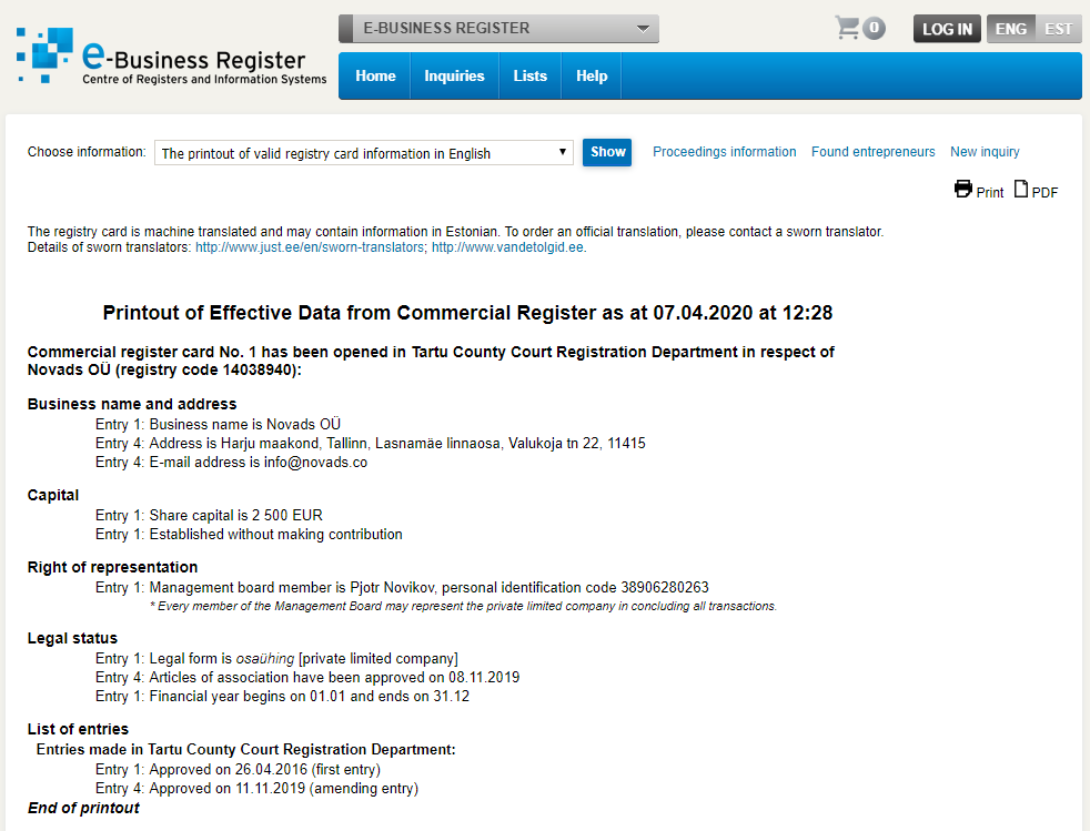 According to the company registry, Pjotr is the founder of Novads OU