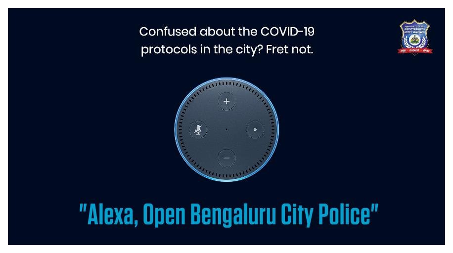 BlrCityPolice's tweet photo. Now Alexa is onboard to #ArrestCorona! Ask Alexa to “open Bengaluru City Police” to know all about the quarantine protocols in the city and any related queries. #COVID19 #QuarantinedWeStand https://t.co/5j8tXnXrRx
