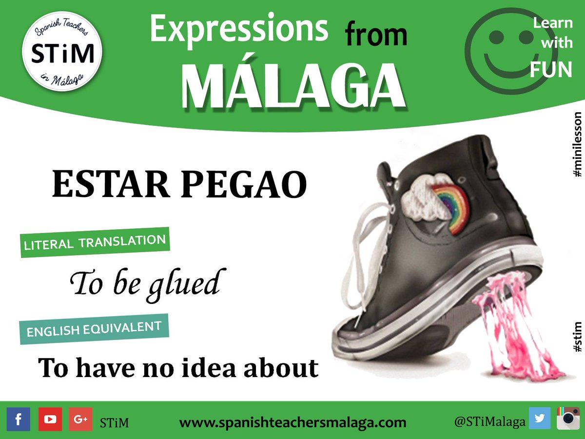 STiMalaga's tweet photo. Do you speak Spanish correctly but still do not understand the natives? Read our #minilesson!

"ESTAR PEGAO"
Ejemplo: "No sé nada de arte, estoy pegao en arte"

#spanish #malaga #stim #LearnSpanish #SpanishTeachers #Andalucia #Spain #FelizMartes #WorldHealthDay #MartesSanto https://t.co/Fllpsu3KUY