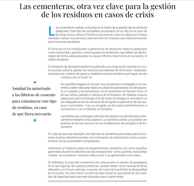 Las fábricas de #cemento , otra vez clave para la gestión de los #residuos en casos de crisis (artículo de <a href="/elEconomistaes/">elEconomista.es</a>, Agua y Medio Ambiente)