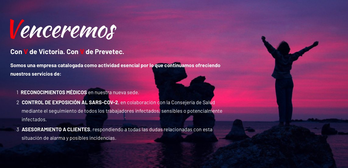 prevetec's tweet photo. Venceremos
Con V de Victoria. Con V de Prevetec. 
Somos una empresa catalogada como actividad esencial por lo que continuamos ofreciendo nuestros servicios de  reconocimientos médicos, control de exposición al SARS-COV-2 y asesoramiento a clientes. https://t.co/WvFFPqHLgc