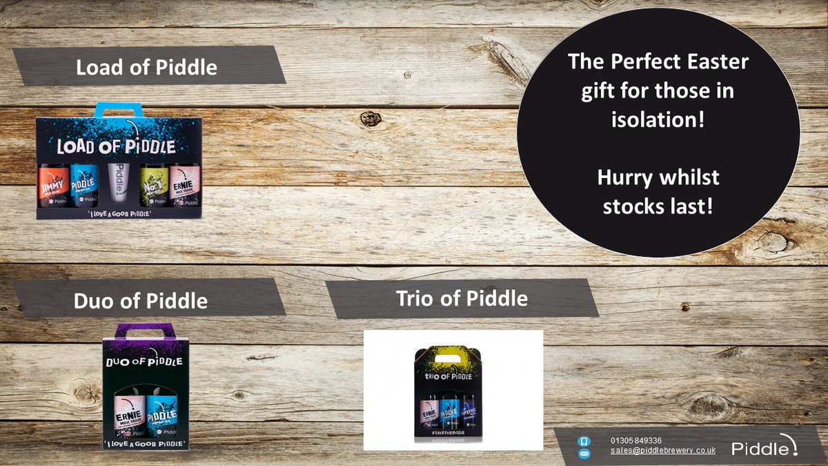 Piddle Brewery (@piddlebrewery) on Twitter photo Don't forget about our Gift Packs which are the perfect Easter gift for isolation. An easy and cost effective way to enjoy Piddle over Easter. Contact: james@piddlebrewery.co.uk/01305849336 for further information. #Easter #Beer #Giftpacks #PiddleBrewery #takethepiddle Don't forget about our Gift Packs which are the perfect Easter gift for isolation. An easy and cost effective way to enjoy Piddle over Easter. Contact: james@piddlebrewery.co.uk/01305849336 for further information. #Easter #Beer #Giftpacks #PiddleBrewery #takethepiddle