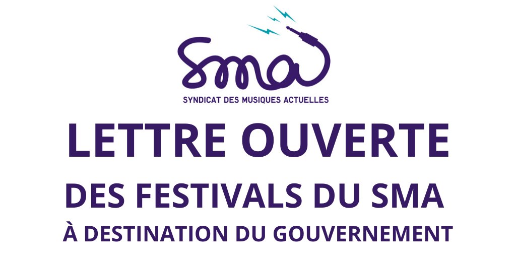 🔴LETTRE OUVERTE
Près de 150 #festivals indépendants adhérents du SMA s'inquiètent pour leur avenir et demandent de la visibilité au gouvernement. 

📃sma-syndicat.org/lettre-ouverte…

<a href="/JeanCASTEX/">Jean Castex</a> @EPhilippePM <a href="/CCastaner/">Christophe Castaner</a> <a href="/franckriester/">Franck Riester</a> <a href="/MinistereCC/">Ministère de la Culture 🇫🇷</a> <a href="/laFNCC/">FNCC</a> <a href="/le_CNM/">Centre national de la musique</a> @jpthiellay #festival