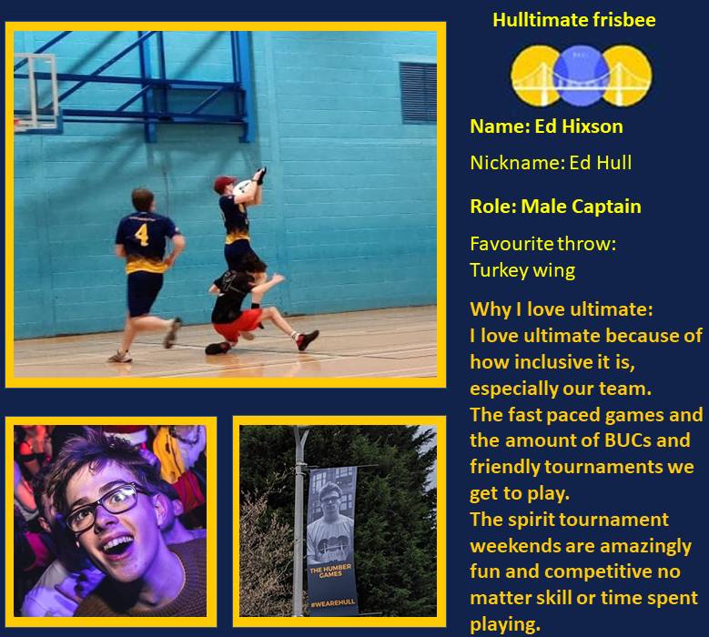 Introducing the committee: Men's Captain
The captians are in charge of organizing and running training sessions, and leading the club in games.

#hulluni #hullsport #ultimatefrisbee
