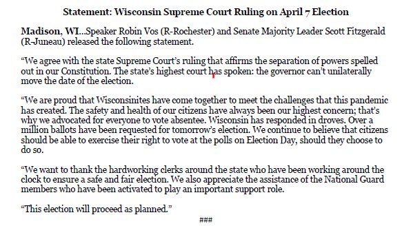 Voting by mail is the only responsible way to conduct an election as the coronavirus tears across Wisconsin. Yet, Speaker of the Wisconsin State Assembly  @SpeakerVos State Senate Majority Leader  @SenFitzgerald fought for you to risk your lives in person at the polls.