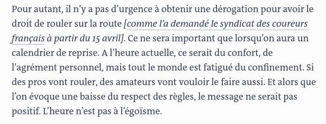 Clément Guillou (@jeuneguillou) on Twitter photo Pour <a href="/romainbardet/">Romain Bardet</a>, il n'y a "pas d'urgence" à rouler dehors et donc pas de nécessité d'une dérogation, à l'heure actuelle, pour les coureurs cyclistes.
lemonde.fr/sport/article/… Pour <a href="/romainbardet/">Romain Bardet</a>, il n'y a "pas d'urgence" à rouler dehors et donc pas de nécessité d'une dérogation, à l'heure actuelle, pour les coureurs cyclistes.
lemonde.fr/sport/article/…