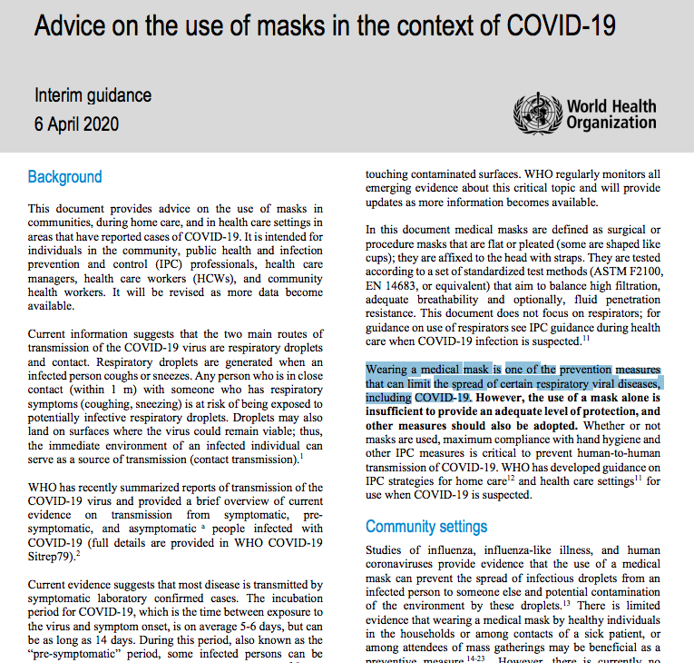 It's official. The WHO just revised the advice on wearing masks, and acknowledges that wearing a medical mask is one of the prevention measures that can limit the spread of certain respiratory viral diseases, including  #Covid19. What a belated announcement  https://www.who.int/publications-detail/advice-on-the-use-of-masks-in-the-community-during-home-care-and-in-healthcare-settings-in-the-context-of-the-novel-coronavirus-(2019-ncov)-outbreak