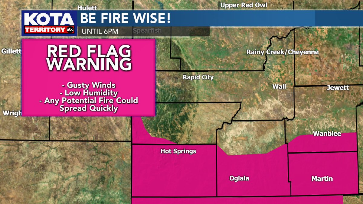 KOTAWeather's tweet image. Another day of Red Flag Warnings in effect for portions of southwest &amp;amp; south-central South Dakota. Breezy &amp;amp; dry conditions will result in conditions favorable for a fire to start easily and spread quickly. We can't stress this enough -- be fire wise! #KOTAWeather #sdwx