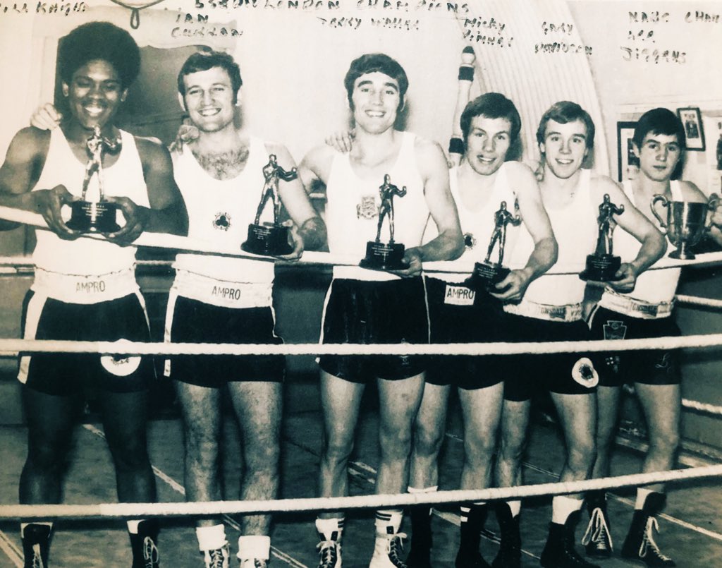 LDNBOXHISTORY's tweet photo. What a fantastic photograph from 1971 sent to me this morning by Gary Davidson. L-R Billy Knight, Terry Waller, Mickey Piner, Gary Davidson and Lee Jiggins. All South East divisional champions trained by Frank Duffet for Lynn ABC. 🥊👍🏻 https://t.co/EfkvXjMoRJ