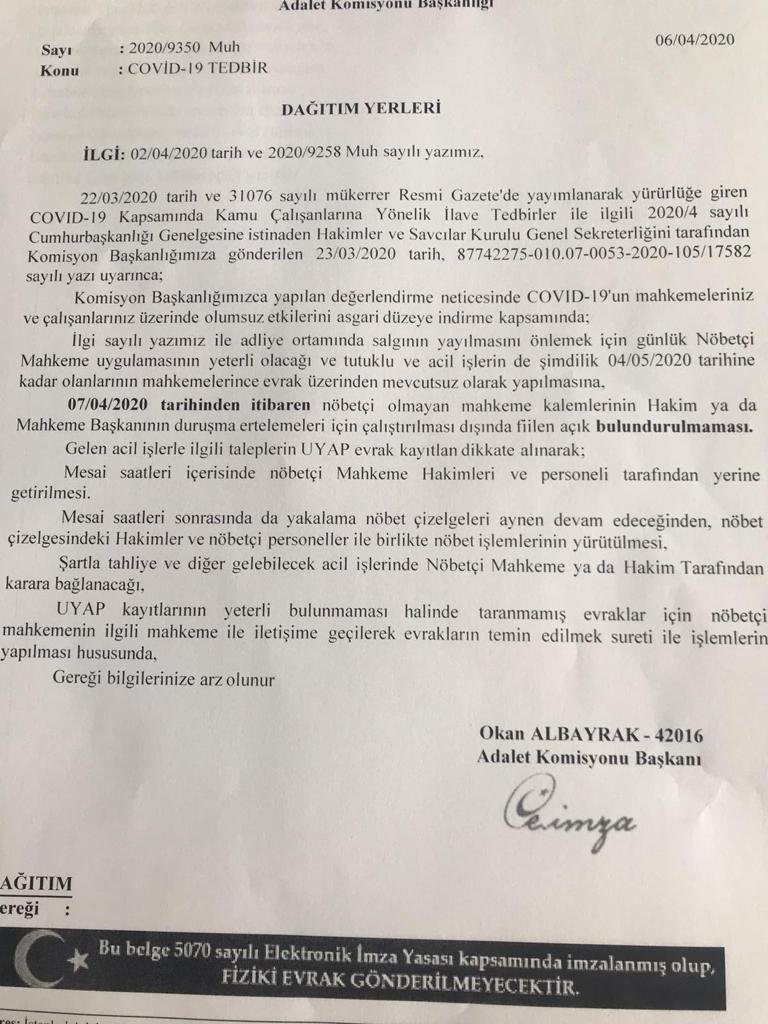 ABirgin's tweet photo. Adliyelerde 07.04.2020 tarihi itibariyle nöbet sistemine geçilmektedir. https://t.co/H7OFoS3vIy