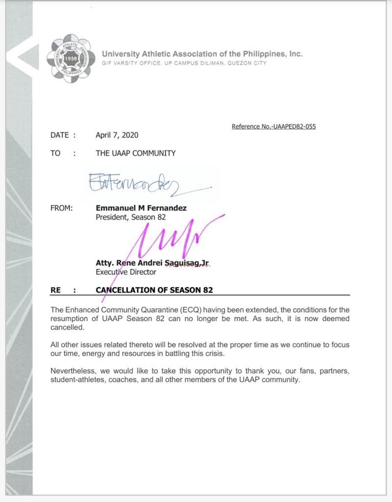 'The conditions for the resumption of UAAP Season 82 can no longer be met. As such, it is now deemed cancelled.' 

#UAAPSeason82