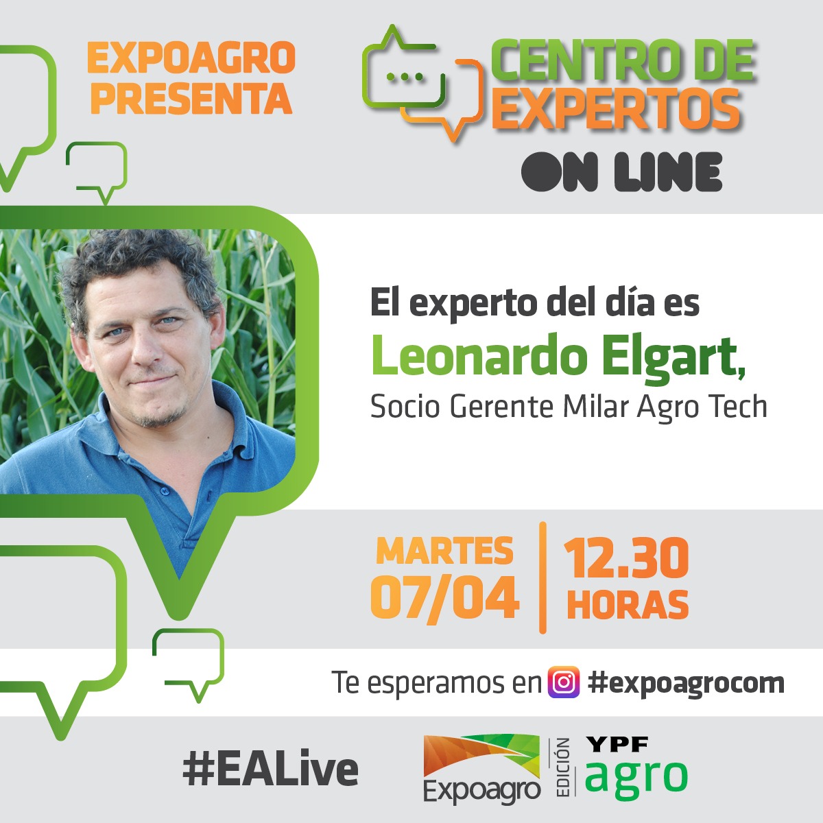 Hoy a las 12:30hs seremos parte del #CentroDeExpertos a través del Instagram Live de <a href="/Expoagrocom/">Expoagro</a>.
Sumate y escuchá a <a href="/Leo_elgart/">LEONARDO elgart</a>, especialista en #AgriculturaDePrecisión.

#SumandoConocimiento
#QuedateEnCasa