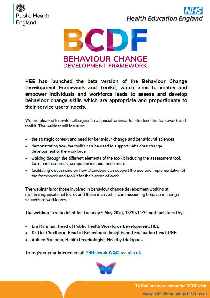 PhilGod3's tweet photo. Webinar on the HEE Behaviour Change Development Framework & Toolkit, delivered jointly with PHE on 5th May.
Register your interest at PHNetwork.WX@hee.nhs.uk
We hope to record this for those unable to make the date.
https://t.co/HI9t88NnBG
#behaviourchange #BCDF #PublicHealth https://t.co/btb8yZThCw