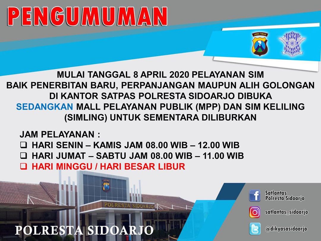 Suara_Sidoarjo's tweet photo. #Repost @DikyasaSidoarjo
---
Satpas Polresta Sidoarjo akan beroprasi kembali mulai besok . Jadi silahkan bagi yang akan perpanjangan sim maupun bikin sim baru langsung merapat
#suarasidoarjo
#yourmultiplatformradio
LEMBAGA PENYIARAN PUBLIK LOKAL PEMERINTAH KABUPATEN SIDOARJO https://t.co/kSAVMkn4ek