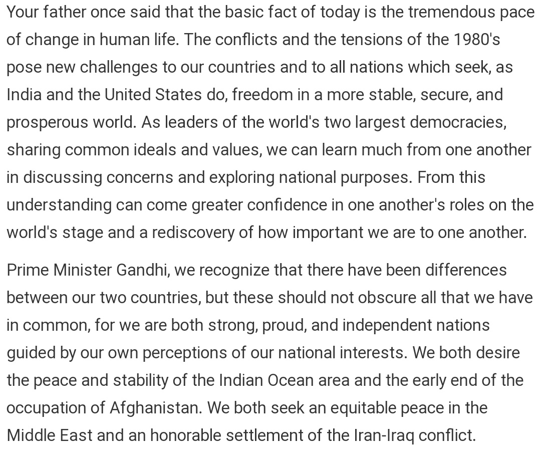 On July 29, 1982, Ronald Reagan and Indira Gandhi delivered a joint speech at the lawns of the White House. Here's excerpts of their speeches, first Reagan's, then Gandhi's. The date is important. (1/7)