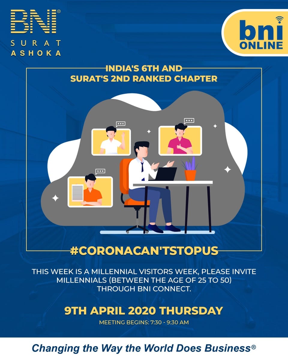 BNISurat's tweet photo. #BNIAshoka invites you in their #OnlineBusinessMeeting
#FeaturePresentation Speaker of the #9thApril are
Mr. Nishant R. Shah
#TheSeasonalLeaf
#BanquetHalls
Mr. Abdul Qadir Badri
#RootTechnologies
#IPBaseSolution
#BNI #BNISurat #BNISuratAshoka #LockDowntoKnockdown https://t.co/dwpcy7zL31