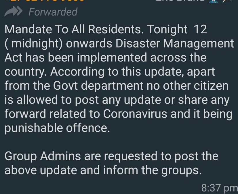 TerrenceCFCHill's tweet photo. South African Government - Fake news - Coronavirus COVID-19 https://t.co/0NFlM5y0p6 via @GovernmentZA

Please could you Verify the attached screenshot of a WhatsApp Text Message and post to you Fake News section on the web page if it is Fake. https://t.co/UVDVWoiiTS