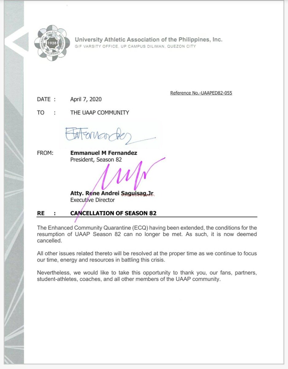TheGUIDONSports's tweet image. JUST IN: UAAP Season 82 has been officially cancelled in light of the extended enhanced community quarantine. | via @uaap_official