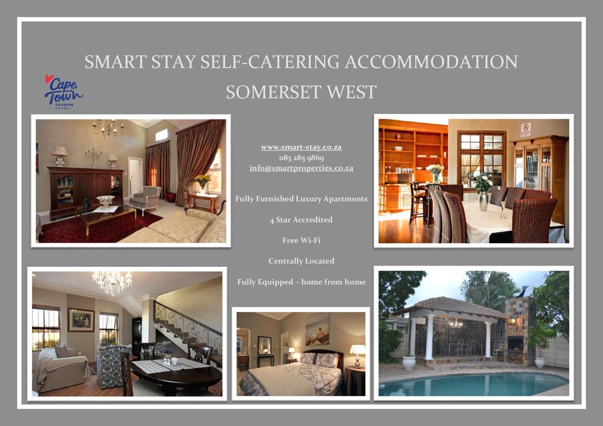 Cape Town - Somerset West 4 star graded self-catering accommodation. Available for doctors & medical staff. 5 minutes to Medi Clinic & Busamed hospitals. DSTV, WiFi & private pools. ++27(0)832859869 / info@smartproperties.co.za #MedicareForAll #SelfQuarantine