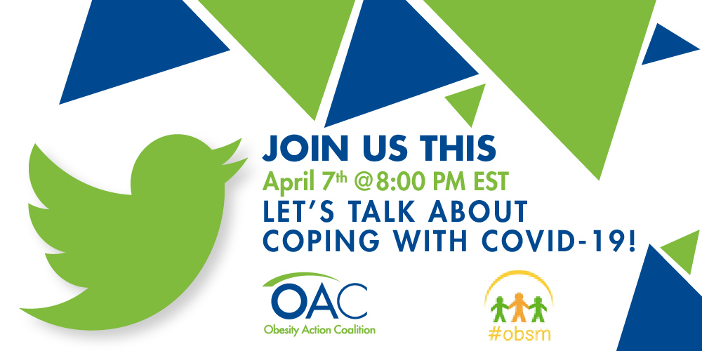 obsmchat's tweet photo. Join us for this month's #OBSM Chat TONIGHT! **Tuesday, April 7th at 8 PM Eastern** We'll be co-hosting with @ObesityAction, chatting about coping during this COVID19 crisis &amp; sharing resources. All are welcome! https://t.co/WFbRrX0qd2 https://t.co/D56HAKLo4N