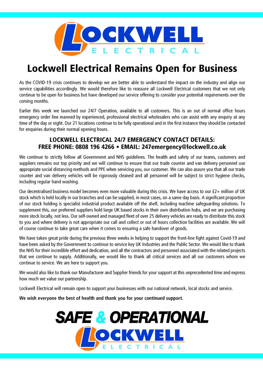 LockwellHQ's tweet photo. Please see below for an important trading update for our customers. Lockwell Electrical remains open for business.

#electricalwholesaler #electricalproducts #electricalsupplies https://t.co/YTvreWjYz7