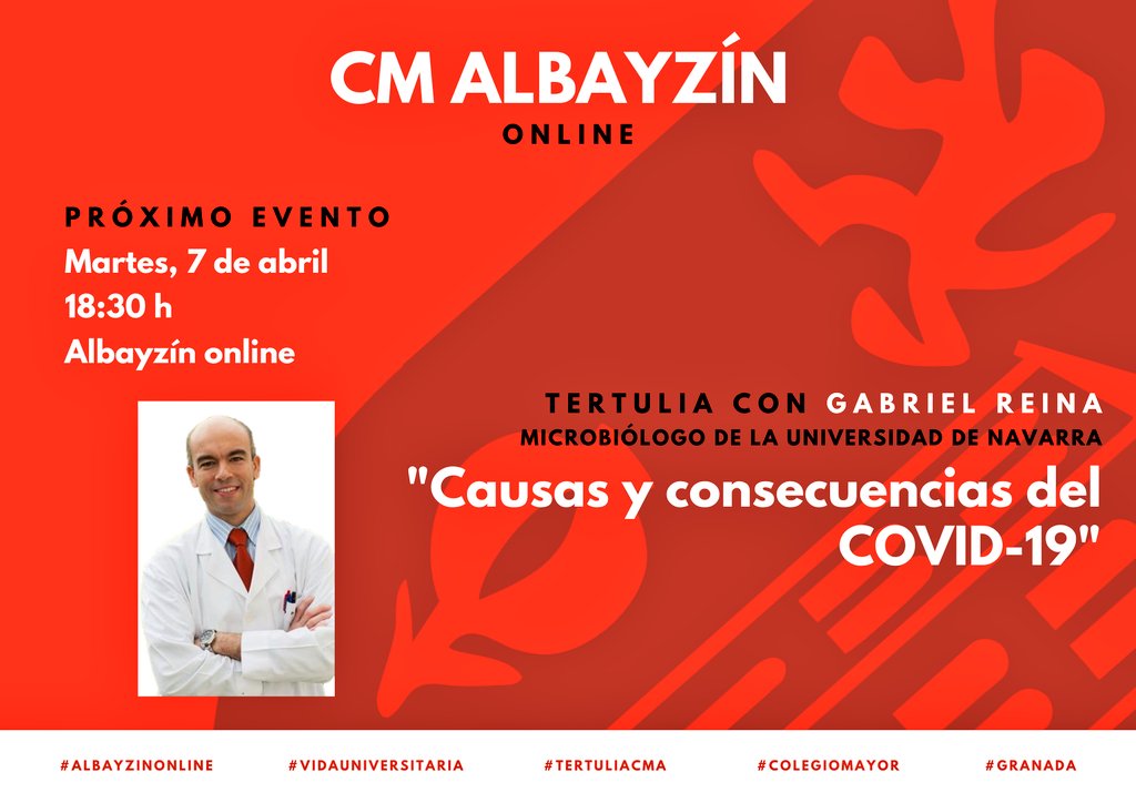 cmalbayzin's tweet photo. 🧬🧪🤔 ¿Cuáles son las CAUSAS y CONSECUENCIAS del #Covid_19? ACTUALIDAD del coronavirus.

👋🏻 Hoy estará con nosotros @GabReina, microbiólogo de la @unav. 

#Albayzinonline #vidauniversitaria #colegiomayor #Granada https://t.co/fdTO96GZGV