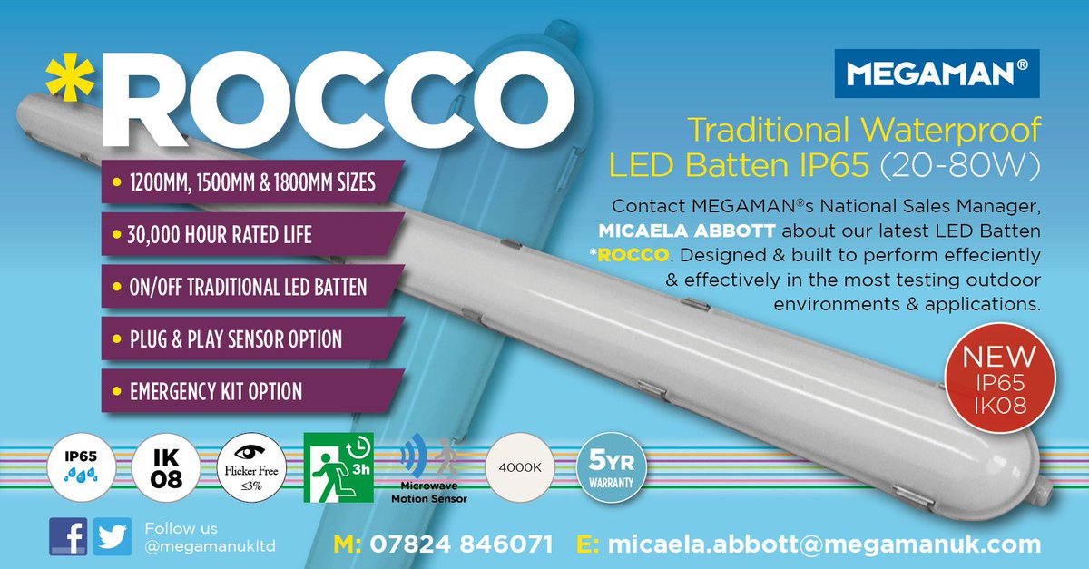MegamanUKLtd's tweet photo. Meet Megaman's new tough waterproof integrated LED batten, ROCCO. It features an impressive IP65 &amp; IK08 vandal resistant polycarbonate body, as well as 30,000hr rated life &amp; 5 year warranty. To order contact Micaela or sales on 01707 386000 #Megaman #ROCCO #IP65batten #waterproof https://t.co/qr5lv5PzYX