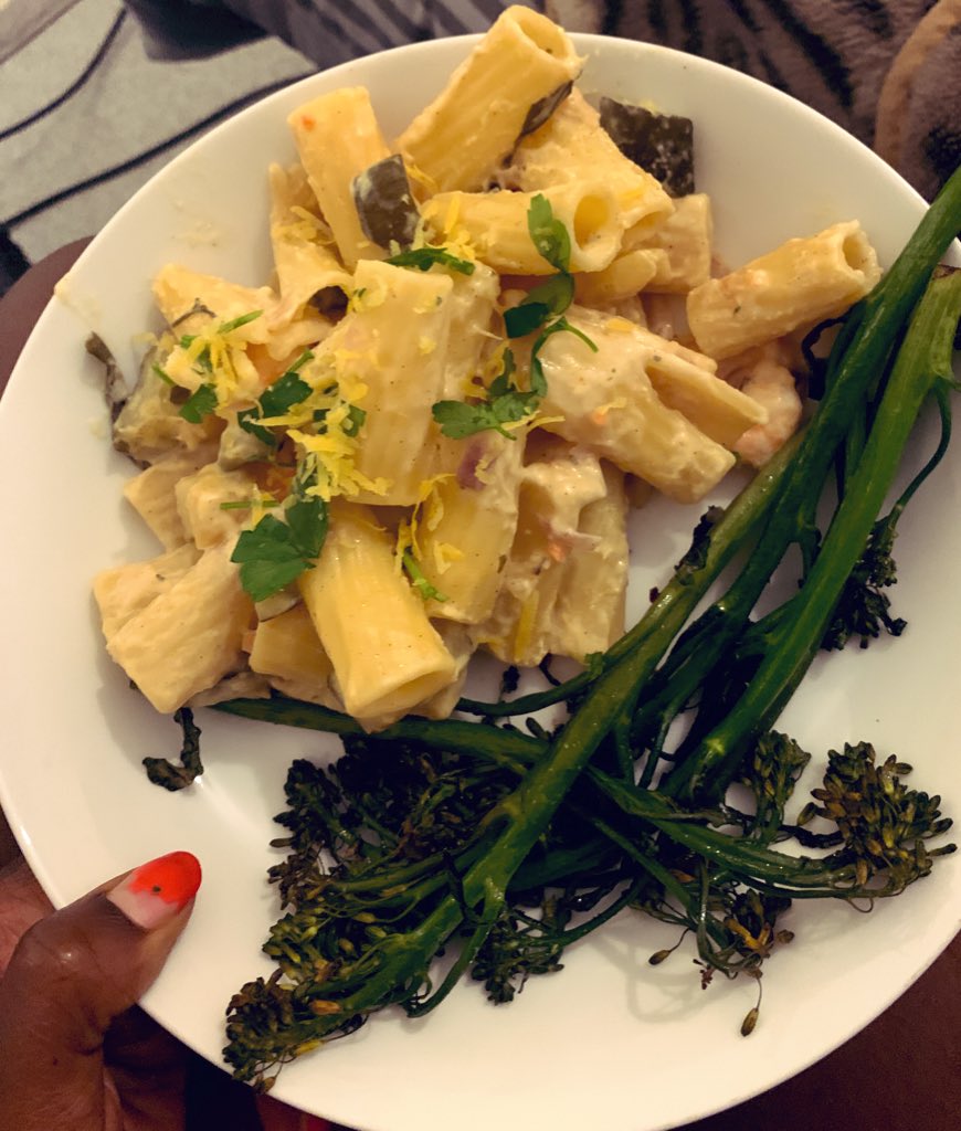 Creamy shrimp and courgette rigatoni (garnished with parsley and lemon zest ) with garlic roasted tender stem brocolli 
