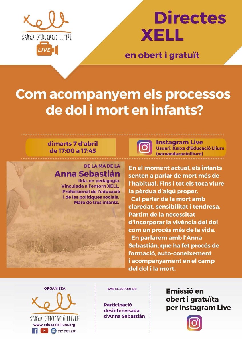pac_canpeguera's tweet photo. Perquè mai estem preparades per donar males notícies, i perquè en el moment actual el tema de la mort està sobre la taula, cal que tinguem eines per parlar-ho en família.
Des de la Xarxa d'Educació Lliure ens donaran pistes sobre com acompanyar el dol dels infants i joves. https://t.co/VcfzHHh9Vg