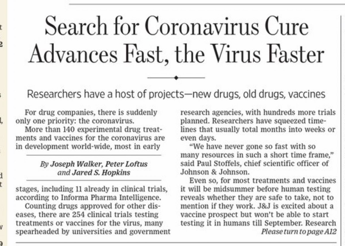 Search for  #Coronavirus  #Cure Advances Fast, the Virus Faster. More than 140  #experimental  #drug  #treatments and  #vaccines. 254 clinical testing treatments of vaccines for the  #virus.  #COVID19 via  @WallStreetJour1