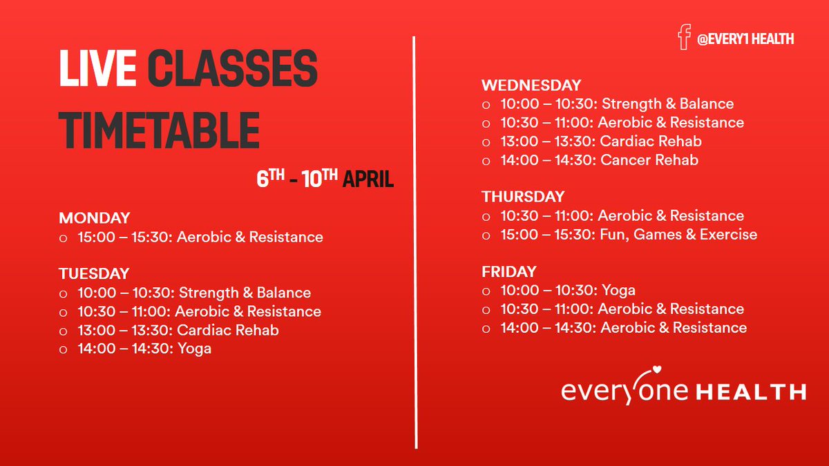 Looking to get active and recreate the group environment? @eh_cambs are live streaming sessions on their facebook page. Here's the timetable for this week! #MiddayMovement #StayInWorkOut