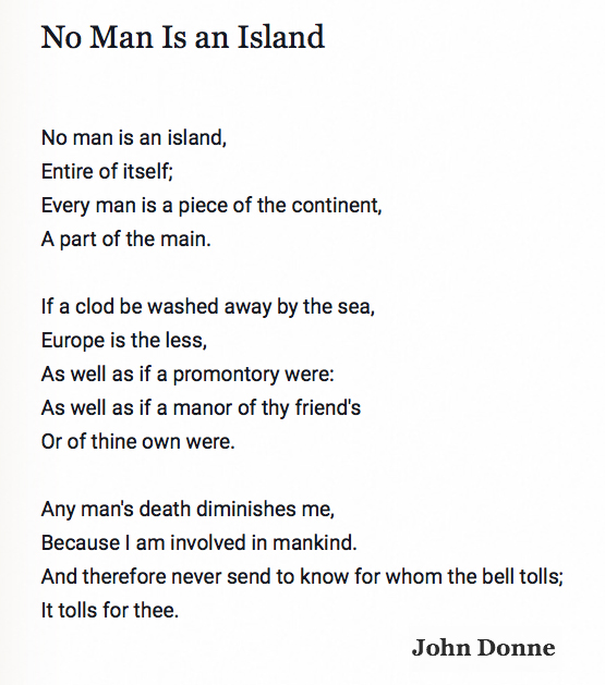 63 No Man is an Island from Meditation XVII by John Donne #PandemicPoems  https://soundcloud.com/user-115260978/63-no-man-is-an-island-from-meditation-xvii-by-john-donne