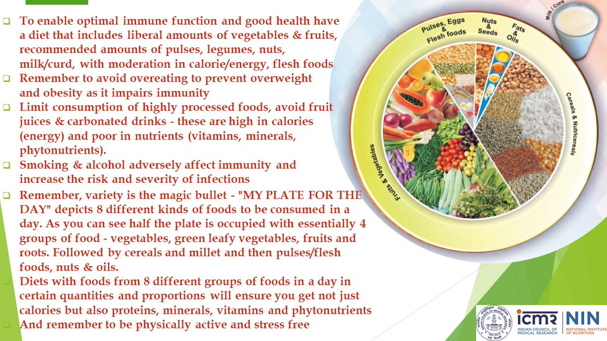 In times of #COVID19Pandemic as you #StayHome #StaySafe, thinking of healthy diet that regulates immune function effectively to keep communicable (infections) and non-communicable diseases at bay? Then here are a few tips
<a href="/ICMRDELHI/">ICMR</a> @NINDirector #WeAreICMR #HarEkKaamDeshKeNaam