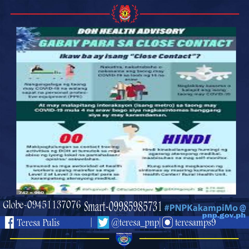 teresa_pnp's tweet photo. DOH Health Advisory
#TeamPNP
#PNP Kakampi Mo para proteksyunanang kalusugan ng mamamayan laban sa COVID-19
#ToServeandProtect
#CPNPArchieGamboa
#TeamCalabarzon
#TatakManongENTENGDANAO
#TeresaMPS https://t.co/YgoJ1RL9wE
