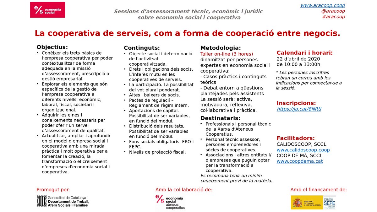Calidoscoop's tweet photo. [#AgendaESS 22/4] Formació on-line “La cooperativa de serveis, com a forma de cooperació entre negocis ” amb la col·laboració de @AteneusCoopCat. @aracoop @econ_socialcat #ConfinadESS  https://t.co/FnD96WEwyJ https://t.co/bv9bhzHva2
