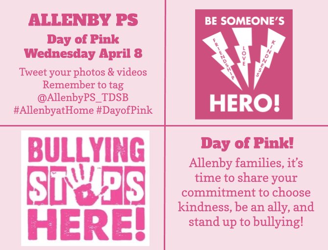 AllenbyPS_TDSB's tweet photo. Tomorrow is International Day of Pink! @AllenbyPS community let’s come together, even though we are physically apart and send a strong message. #DayofPink #Allenbyathome @tdsb @shelleylaskin @ChastyJohn https://t.co/PJN3GPKVBd