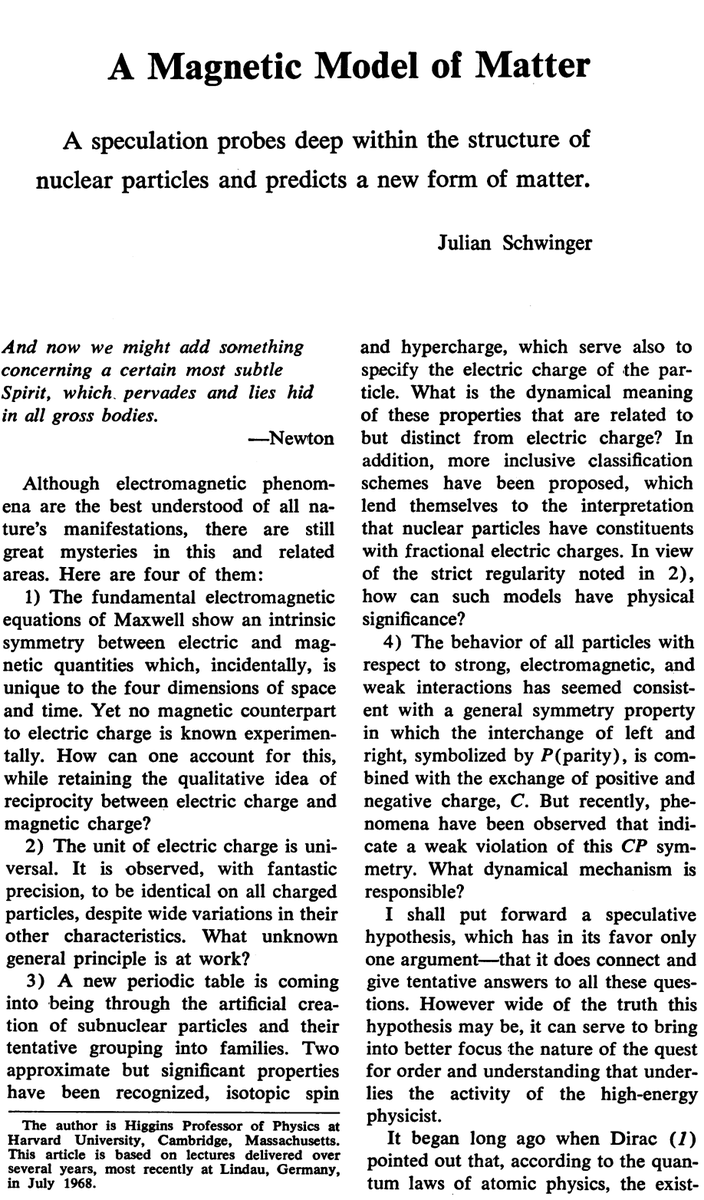 neutrino_mark's tweet photo. In a fascinating 1969 paper, Julian Schwinger hypothesised the existence of the #dyon - a magnetic monopole that also has electric charge: https://t.co/TqoZYwBP6K
CERN's #MoEDAL experiment just performed the first search at a collider: arXiv:2002.00861 https://t.co/aYe9Lk1bHC