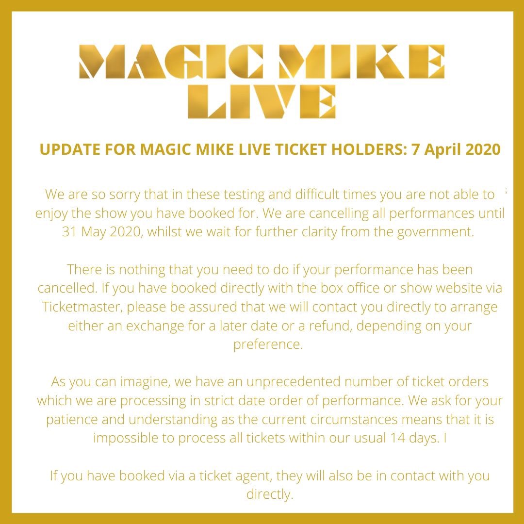 MagicMikeLDN's tweet photo. An update on upcoming #MagicMikeLiveLDN performances until 31 May. https://t.co/KZSj3pQDFP