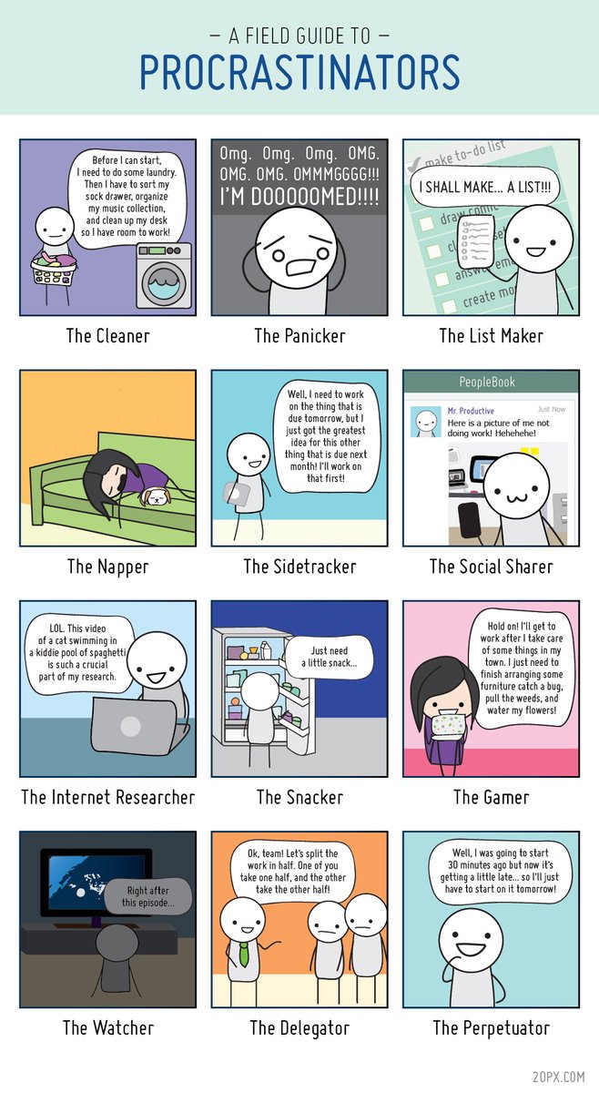 Which reminds me of  @20px's "Field Guide to Procrastinators". I am the Panicker, ALWAYS. That's why I prefer the Chill Approach to Writing. I'll do what I can with what I have wherever I am. </end thread>