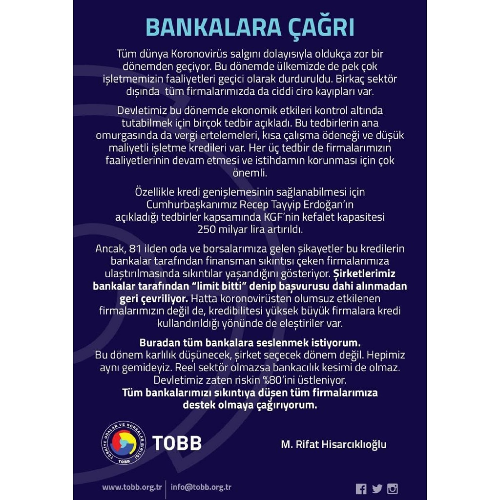 MarmarisTO's tweet photo. Birlik Başkanımız Sayın @rhisarciklioglu tarafından yapılan çağrıya tüm Bankalarımızın kulak vermesini umuyoruz.

Bu zor günlerde herkesi sağduyulu olmaya davet ediyor, dayanışmaya çağırıyoruz. Zor günler geçecek. https://t.co/hrGHQQpMVE