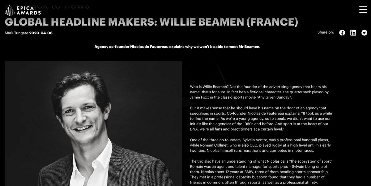"Who is Willie Beamen?" <a href="/nicovassel/">Nicolas de FAUTEREAU</a> répond aux questions de @MarkTungate en évoquant l'histoire de l'agence mais aussi la solidité de ses collaborateurs et sa capacité à travailler à distance durant cette période de crise.
bit.ly/2UMB2I6 - bit.ly/34pcYOM