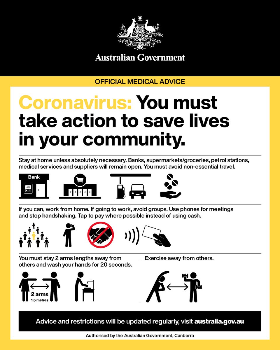 Australian Government On Twitter Stay At Home Unless You Are Shopping For Essentials Receiving Face To Face Medical Care Exercising With No More Than One Other Person Unable To Work